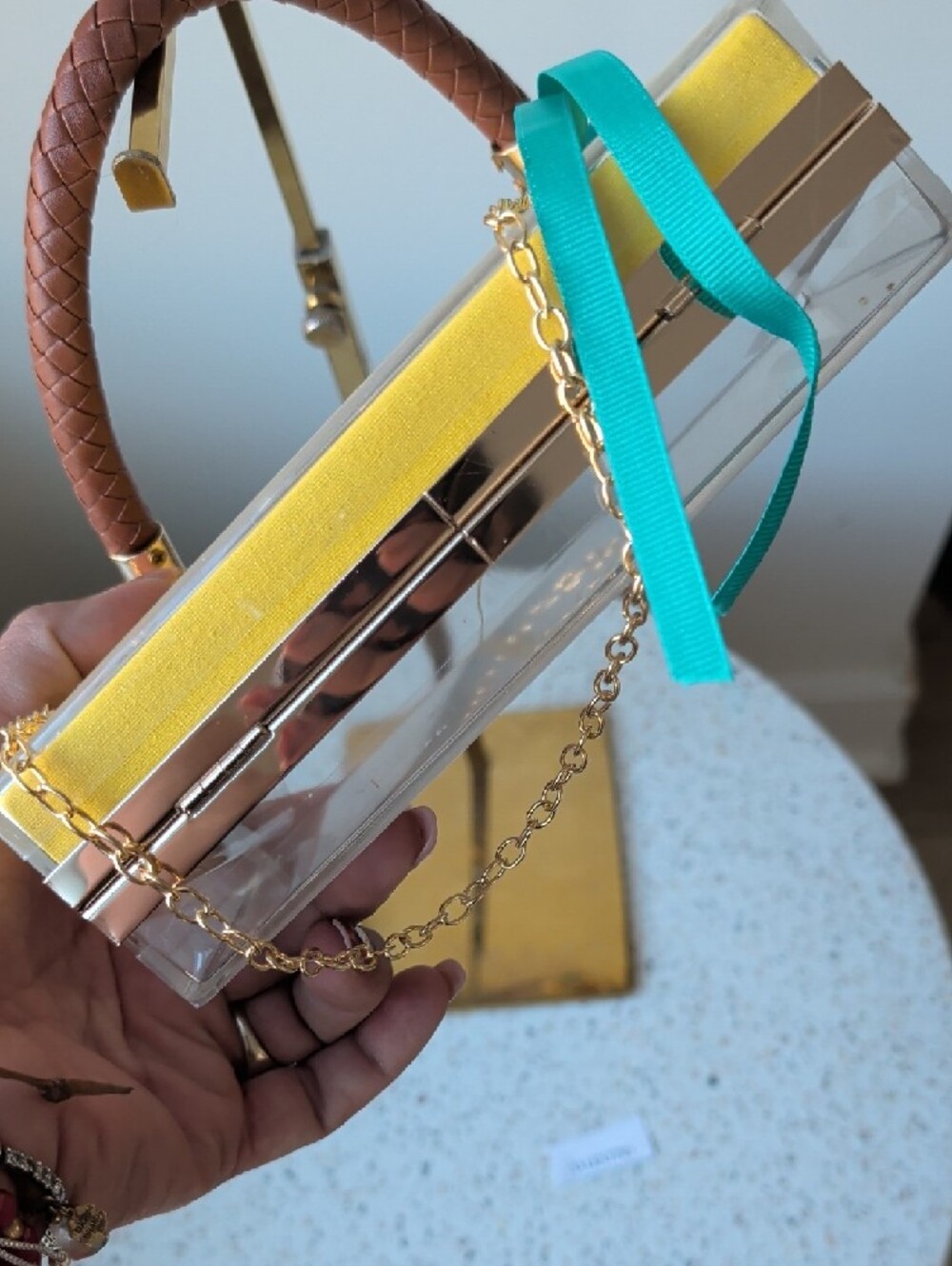 Upcycled Gucci X Adidas Yellow Box Clutch with Burgundy Logo and Teal Ribbon - Picture 6 of 10